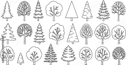 A collection of various tree outlines and line art illustrations, showcasing different shapes and styles of trees.
