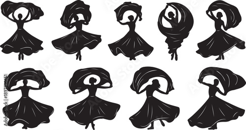 Silhouette of women in various dance poses and dresses