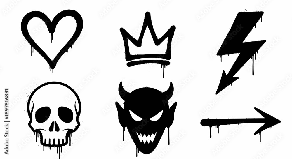 Fototapeta premium Collection of six black graffiti style symbols with dripping paint effect including heart, crown, lightning bolt, skull, devil, and arrow.