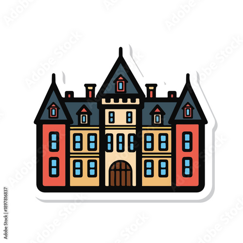 A large house with a steep roof and several windows