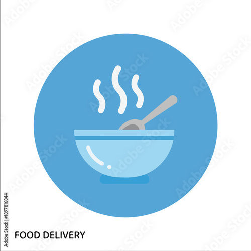 Illustration of a steaming bowl of food with a spoon, representing food delivery services.