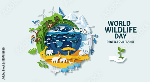 World Wildlife Day illustration shows global animal diversity supporting environmental conservation message