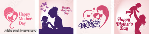 A collection of four diverse illustrations celebrating motherhood and children for Happy Mothers Day