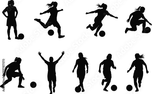 Vector Silhouette Collection of Female Soccer Players Featuring Action Poses Like Kicking Dribbling and Celebrating Goals Isolated on White Background