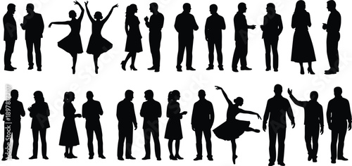 Vector Silhouette Collection of Business People Standing Talking and Professional Ballet Dancers Performing Artistic Poses Isolated on White Background Set