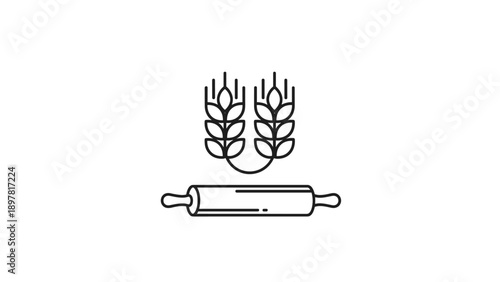 Baking Elements Line Icon with Wheat Ears and Rolling Pin