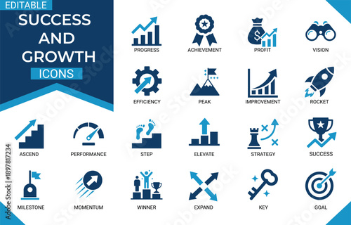 Growth and success solid icon set featuring progress, achievement, goal, profit, vision, milestone, performance, efficiency, strategy, and momentum. Editable solid vector icons collection set.