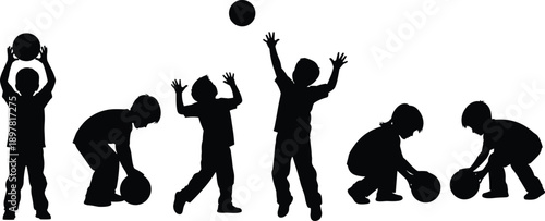 Vector Silhouettes Set of Young Children Playing with Balls Including Throwing Catching and Bouncing Actions Isolated on Clear White Background