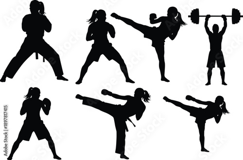 Professional Vector Silhouettes Collection Featuring Women Athletes Practicing Karate Kicks, Kickboxing Stances, and Strength Training Weightlifting Isolated on White Background