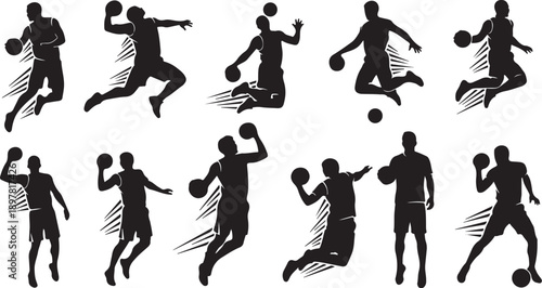 Silhouettes of basketball players in various dynamic movements action