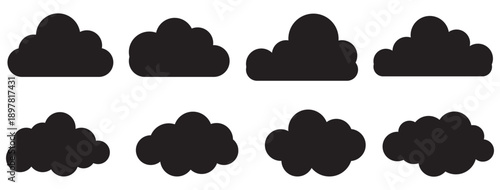 Black cloud silhouette icon set with various cloud shapes for weather apps, forecasts, UI design, backgrounds, and minimalist flat vector graphics