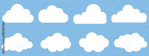 Black cloud silhouette icon set with various cloud shapes for weather apps, forecasts, UI design, backgrounds, and minimalist flat vector graphics