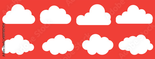 Black cloud silhouette icon set with various cloud shapes for weather apps, forecasts, UI design, backgrounds, and minimalist flat vector graphics