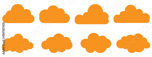 Black cloud silhouette icon set with various cloud shapes for weather apps, forecasts, UI design, backgrounds, and minimalist flat vector graphics