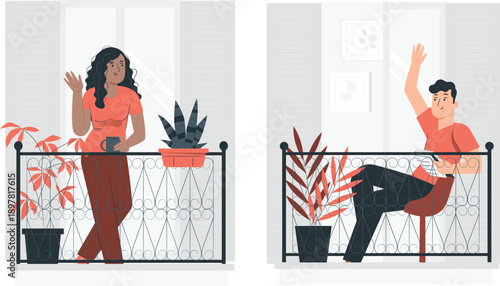 Couple waving at each other on adjacent balconies surrounded by plants in a modern urban setting viewed from outside.