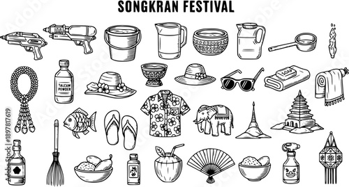 Songkran Festival Icons Black and White Line Art Set. Hand-drawn doodle illustration of Thai New Year celebration elements, water guns, cultural symbols, and travel items.