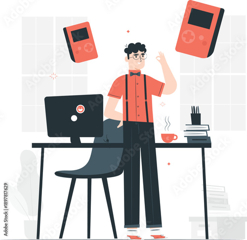 Man standing at desk with computer and floating devices in modern office environment viewed from the side