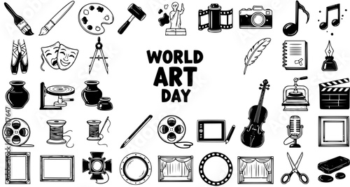 World Art Day Creative Arts  Culture Line Art Icon Set. Hand-Drawn Black  White Symbols for Hobbies, Crafts, Music, Film, Theater, Painting, and Design.