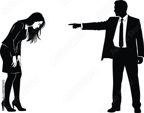 Business conflict silhouette, boss blaming employee, workplace pressure concept, corporate authority abuse, stress management illustration isolated on white background