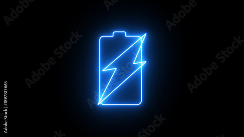 A vibrant blue neon glowing battery icon with a prominent lightning bolt symbol representing charging, power, and energy efficiency, isolated on black background.