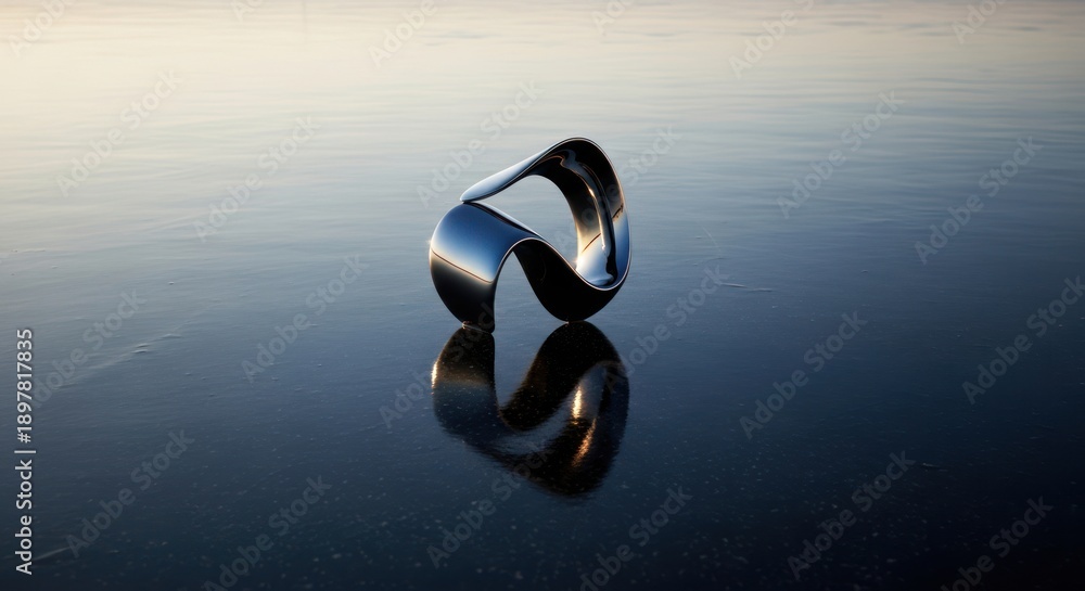 Fototapeta premium Abstract mobius strip sculpture reflecting on water surface with soft lighting