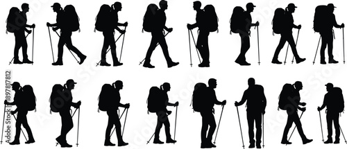 hiker silhouettes with backpacks and trekking poles in varied walking poses, outdoor adventure icons for hiking, trekking, fitness, and travel