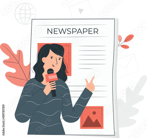 Woman journalist reporting news with microphone in hand standing beside a large newspaper graphic