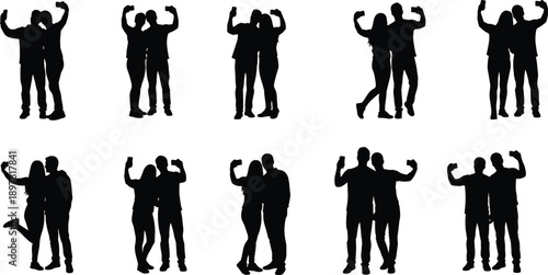 Happy couple taking selfie silhouette pose collection illustration, man and woman posing together isolated on white background social lifestyle concept