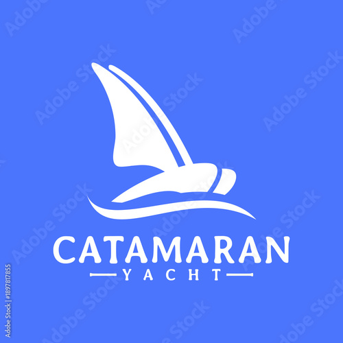 Modern catamaran yacht logo with sail silhouette and blue color. Clean nautical design ideal for yacht charter, marine tourism, sailing club, cruise branding, and luxury water sport businesses.