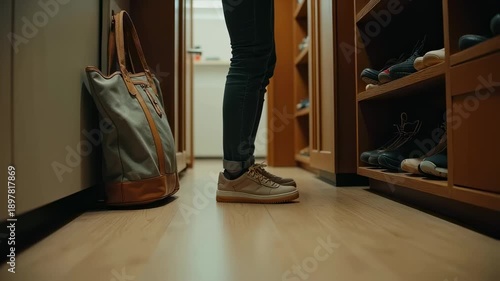 Person standing in a hallway with a shoe rack and a bag.