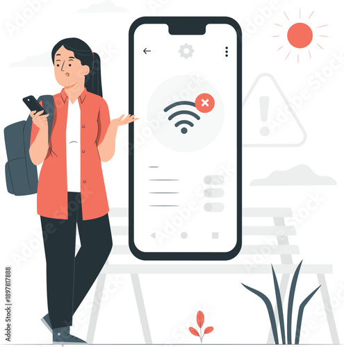 A young woman experiencing Wi-Fi connectivity issues on her smartphone outdoors near a table and chair