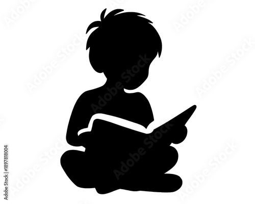silhouette of a boy reading a book, vector illustration, icon isolated on a white background
