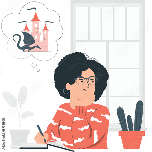 Woman writing in notebook with thought bubble of fairy tale castle and dragon