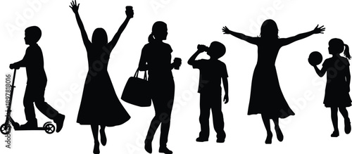 Silhouette family group of parent and children playing outdoors with scooter, ball, bottles and cups, joyful leisure scene conveying movement and togetherness