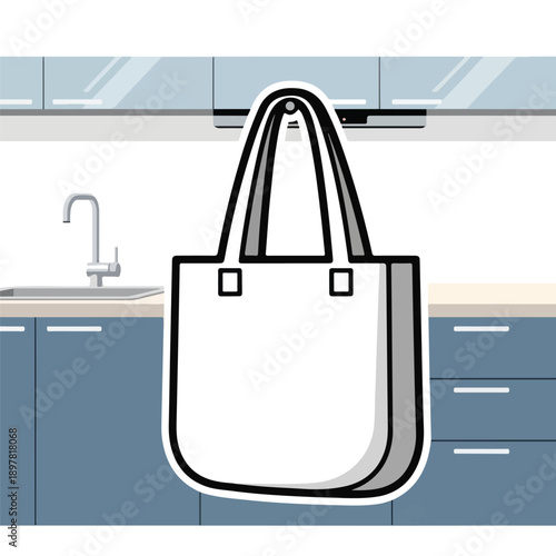 A large tote bag hanging in a kitchen