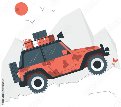 Rugged orange vehicle navigating through rocky terrain with mountains in the background under a clear sky