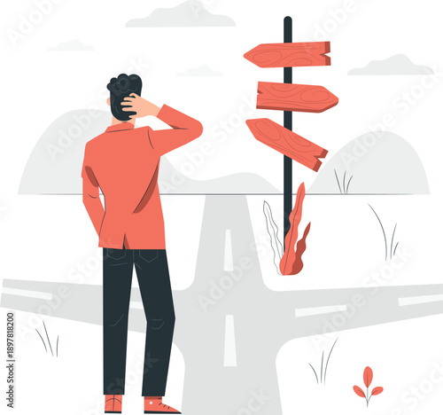 A man standing at a crossroads contemplating his next move with multiple directional signs