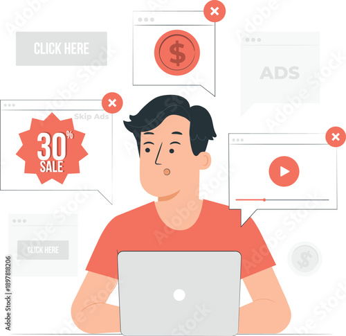 Man using laptop surrounded by online advertisements and marketing symbols in a digital workspace environment from a frontal viewpoint