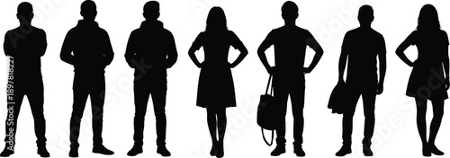 People silhouette standing in confident poses isolated on white background representing individuality fashion lifestyle urban social identity concept