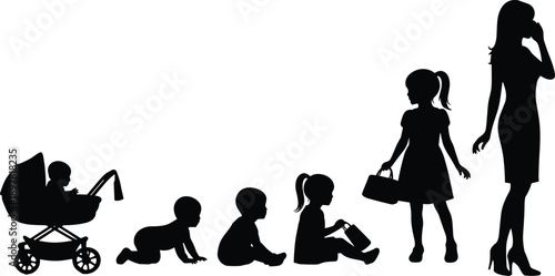 Silhouette timeline of human development from baby in stroller to adult woman on mobile phone, illustrating growth, maturation, stages of life