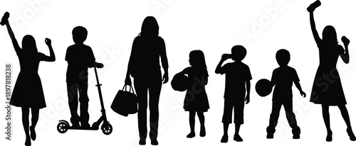 Silhouette family group with parent and children playing outdoors, scooter, balls, bottles, and raised hand, dynamic everyday life scene