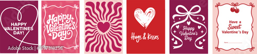 Collection of six diverse Valentines Day card designs featuring hearts, bows, cherries, and romantic sentiments
