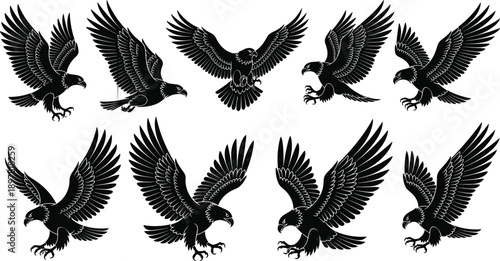 Eagle silhouette icons, flying and attacking poses, wings spread, talons extended, aggressive posture, vector set, black design