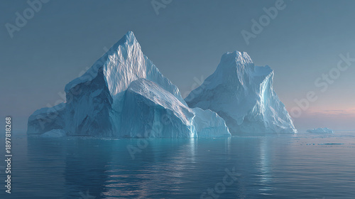Wallpaper Mural Majestic icebergs floating in tranquil water under a dusky sky. The icebergs are shaped and reflect the soft light, evoking a sense of wonder and the vastness of the polar regions.  Torontodigital.ca