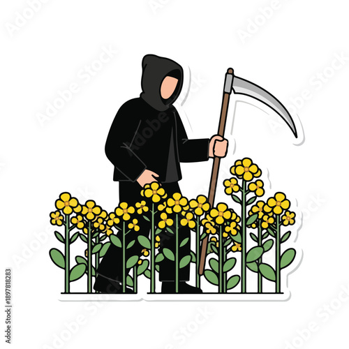 A hooded figure holding a scythe among yellow flowers