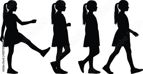 black silhouettes of a girl walking in dress with ponytail showing sequential gait poses on white background for animation and study