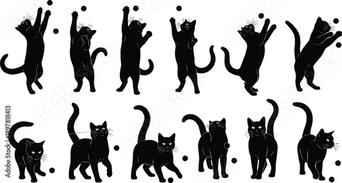 Playful cat silhouette pose collection illustration, cute kitten jumping chasing ball isolated on white background pet animal concept design