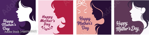 Four elegant Mothers Day cards featuring womens profiles and heartfelt greetings in varying styles