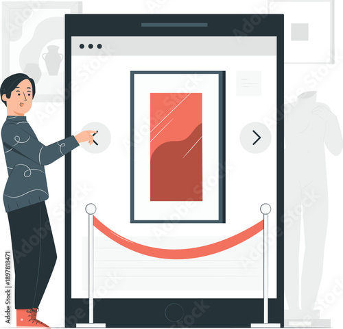 Person unveiling digital artwork on large touchscreen display with red rope barrier