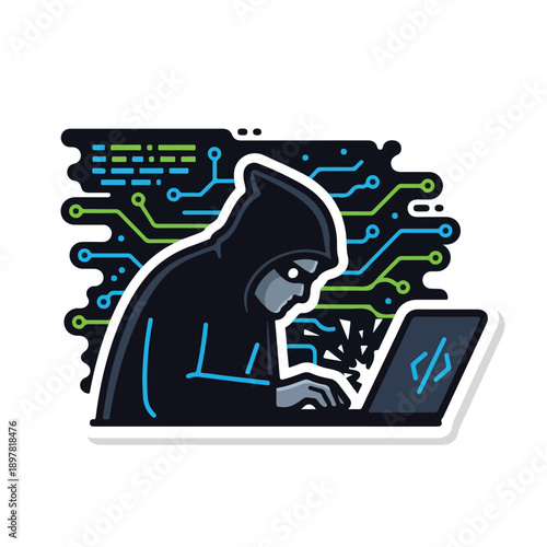 A hooded figure in a digital setting works on a laptop